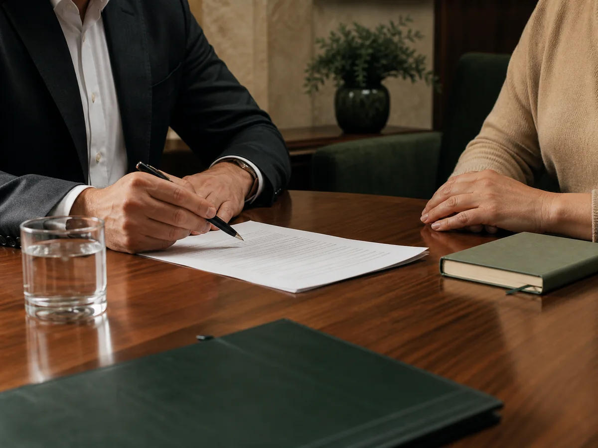 A lawyer and a client going through papers across a table.